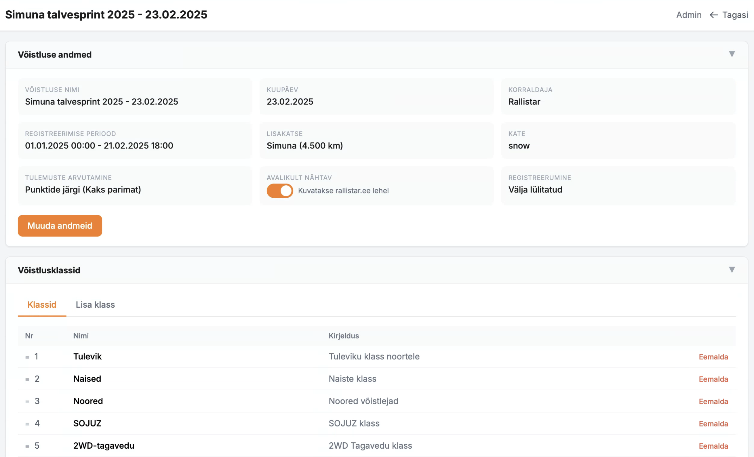 Võistluse detailvaade ja haldus